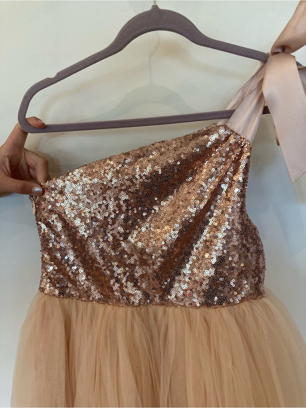 One-Shoulder Sequin Tulle Dress in Blush, Size 8 - Picture 2 of 7